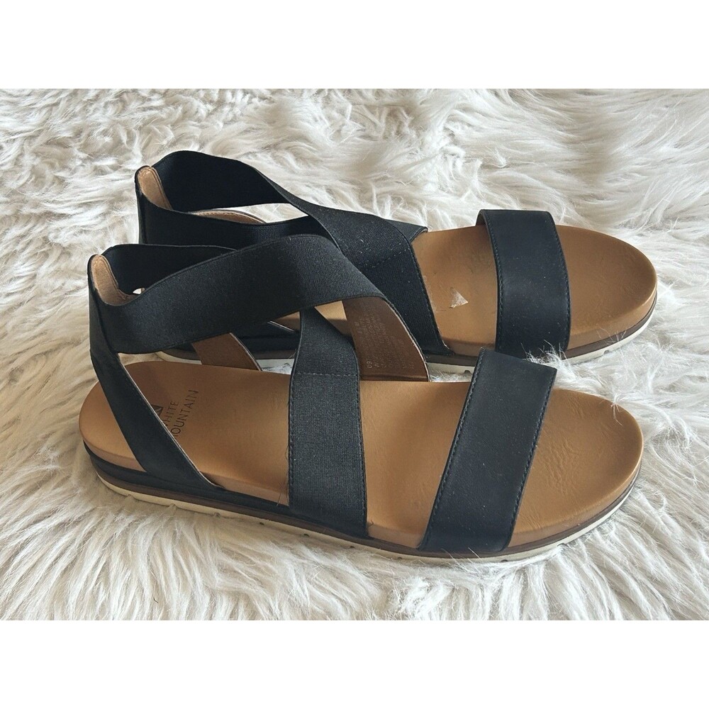 White Mountain Women’s Size 8.5 Strappy Black Elastic Sandals Stretchy Boho
